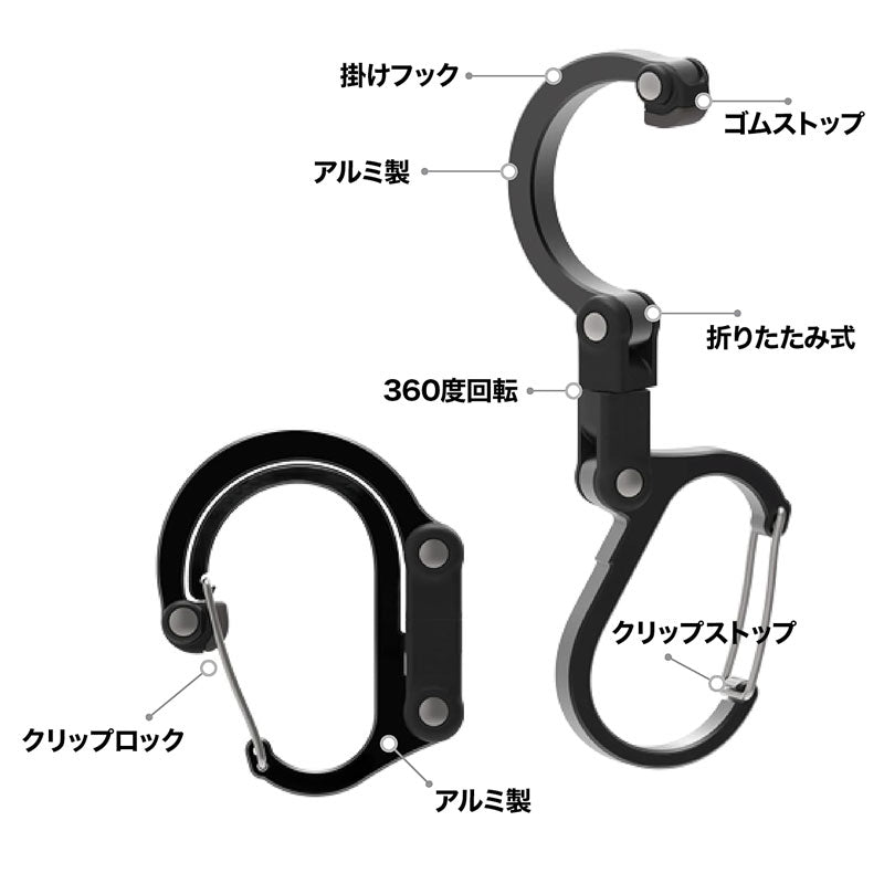 GearClip (2個セット) - クリップ＆ハンガー式 バッグ吊り下げ用カラビナ